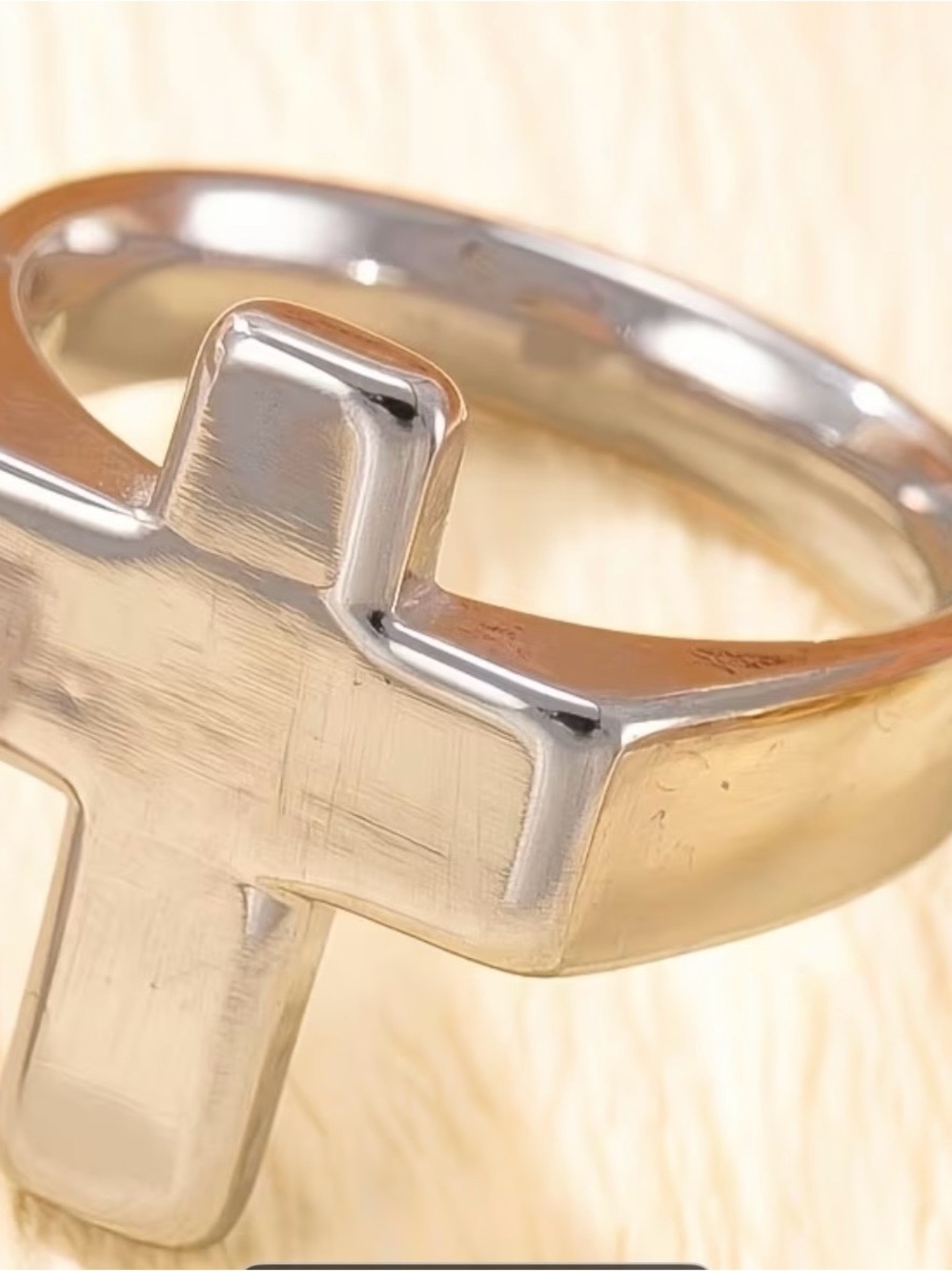 Silver Tone Cross Ring-Polished Metal Band